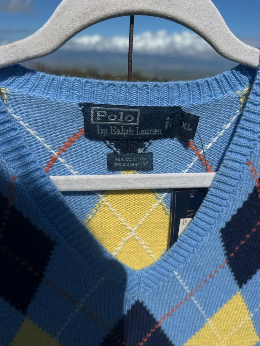 Polo Ralph Lauren Argyle Cashmere Blend Sweater Vest Blue Yellow Preppy XL NWT